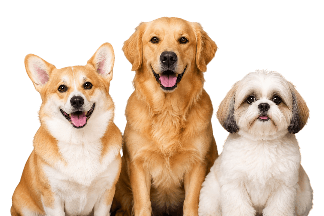 Corgi, golden retriever, and shih tzu sitting together